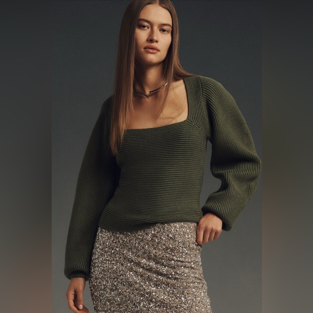 Maeve Anthropologie Square neck wide sleeve Olive Green ribbed Sweater